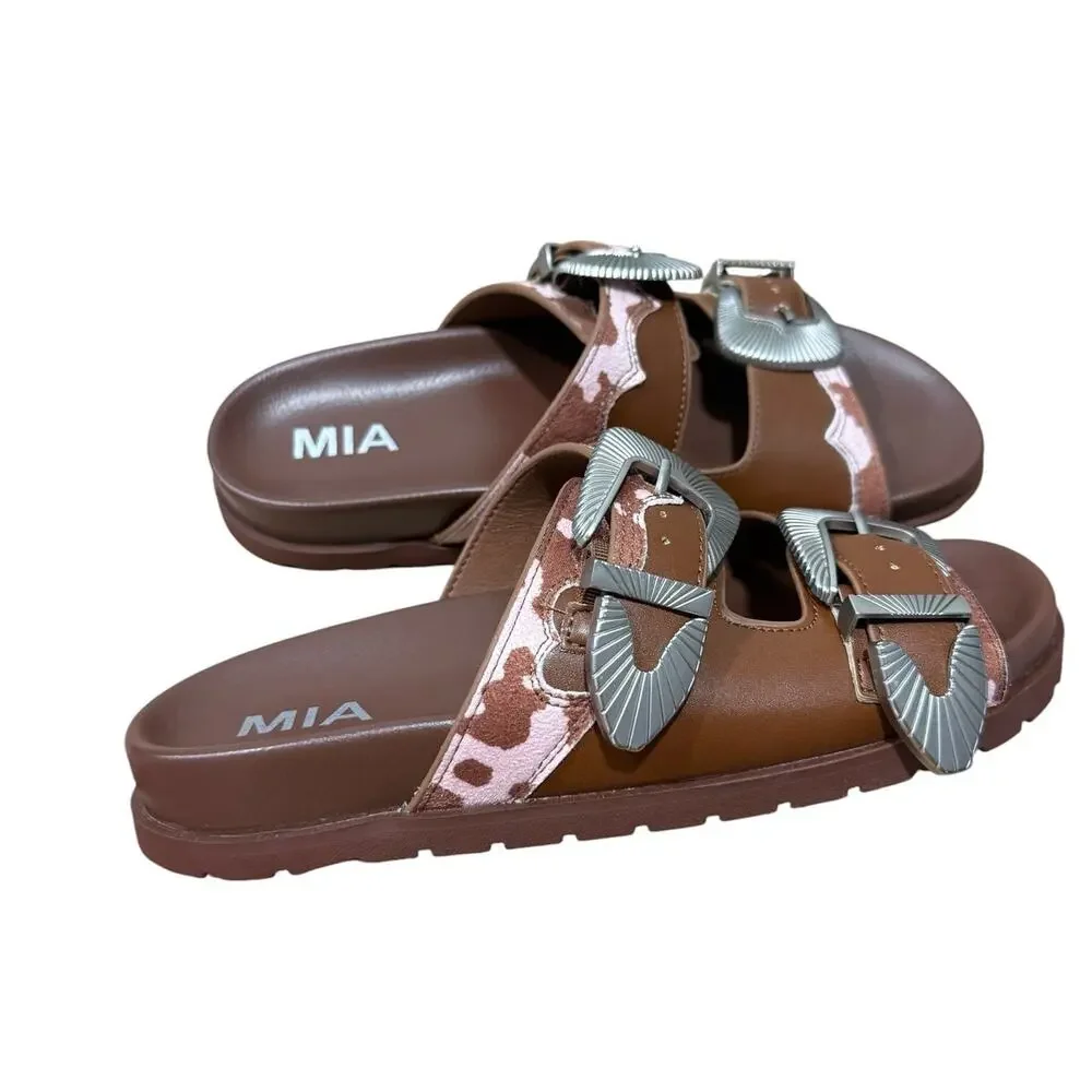 MIA Tibby Western Cow Print Double Buckle Slide Sandals Brown Pink Size 7